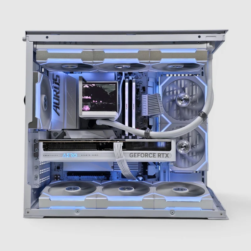 RTX 5080, Ryzen 7 9800X3D, 32GB RAM, 2TB NVMe, Lian Li Mini V2 x TRYX Stage Custom White Liquid Cooled Gaming PC