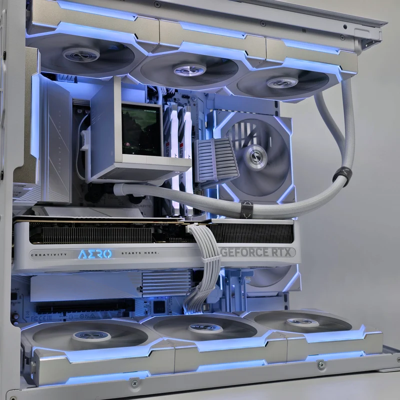RTX 5080, Ryzen 7 9800X3D, 32GB RAM, 2TB NVMe, Lian Li Mini V2 x TRYX Stage Custom White Liquid Cooled Gaming PC