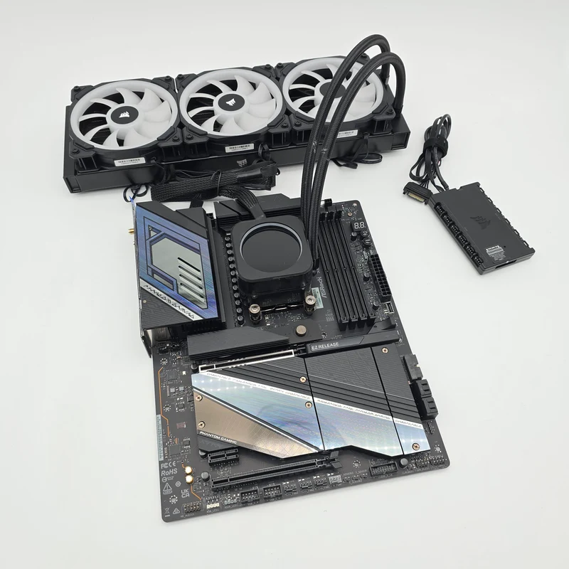 ASRock X870E Nova WiFi Desktop Motherboard, AMD Ryzen 9 7900 Processor CPU, Corsair H150i Elite LCD Liquid Cooler Combo