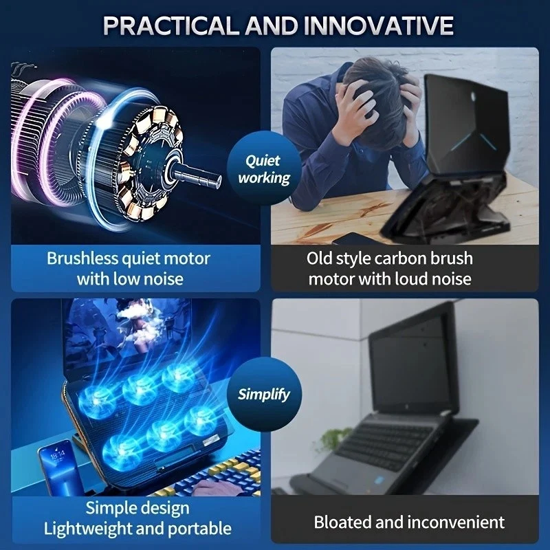 Laptop Cooling Pad with 6 Quiet Fans, 6 Height/ Wind Speed Adjustable 11-17inch - Dual USB Ports