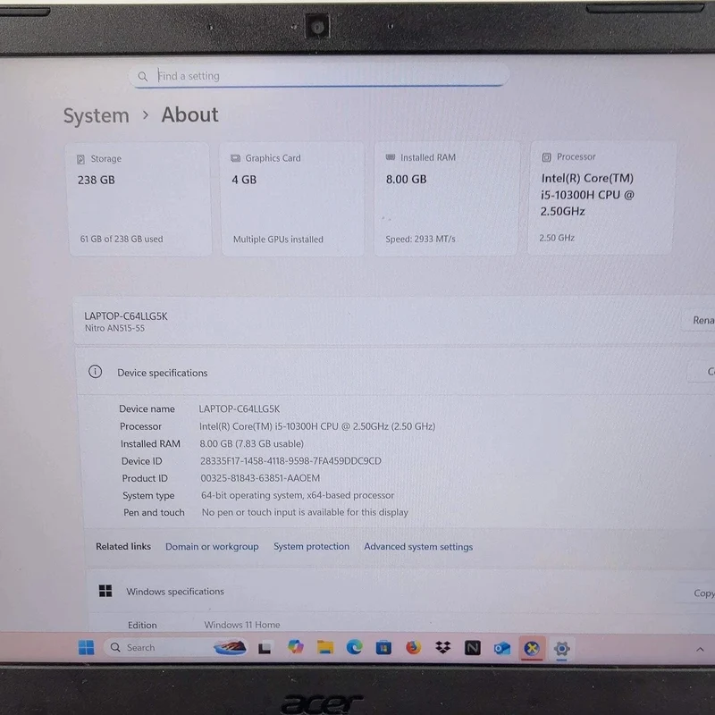 Acer Nitro 5 AN515-55 15.6" Gaming Laptop Intel Core i5-10300H @ 2.5GHz (8GB RAM 256GB SSD) Windows 11 Home, NVIDIA GelForce GTX 1650, Backlit Keys