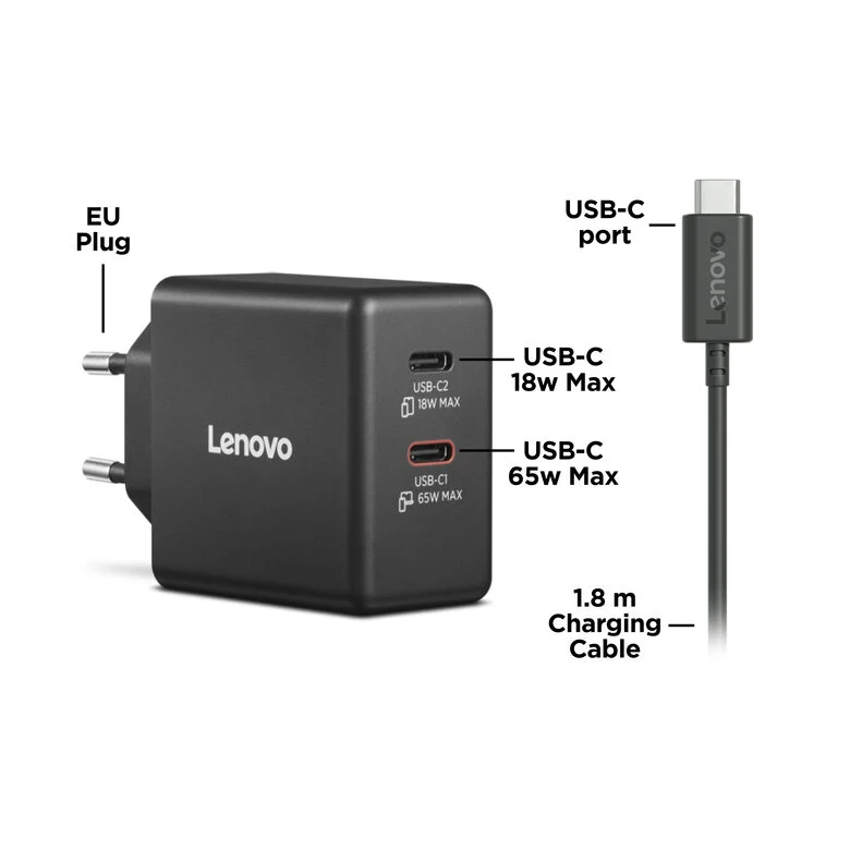 Lenovo Dual USB-C 65W GaN Charger, alimentatore compatto da muro con doppia Type-C, cavo USB-C 1,5 m incluso - ideale per laptop, cellulare e tablet: un solo caricabatterie per più dispositivi