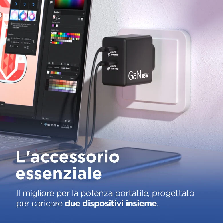 Lenovo Dual USB-C 65W GaN Charger, alimentatore compatto da muro con doppia Type-C, cavo USB-C 1,5 m incluso - ideale per laptop, cellulare e tablet: un solo caricabatterie per più dispositivi