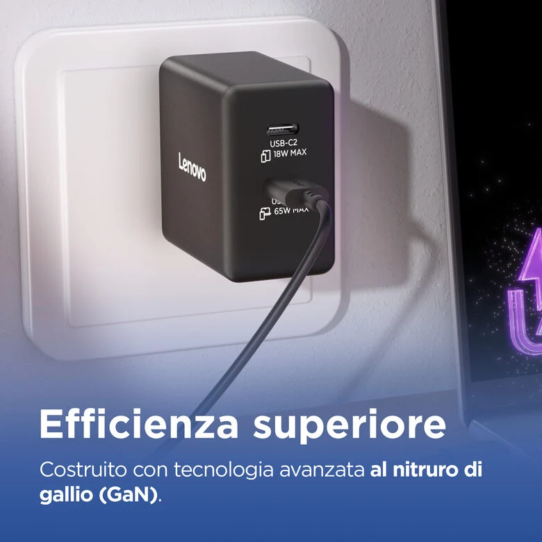 Lenovo Dual USB-C 65W GaN Charger, alimentatore compatto da muro con doppia Type-C, cavo USB-C 1,5 m incluso - ideale per laptop, cellulare e tablet: un solo caricabatterie per più dispositivi