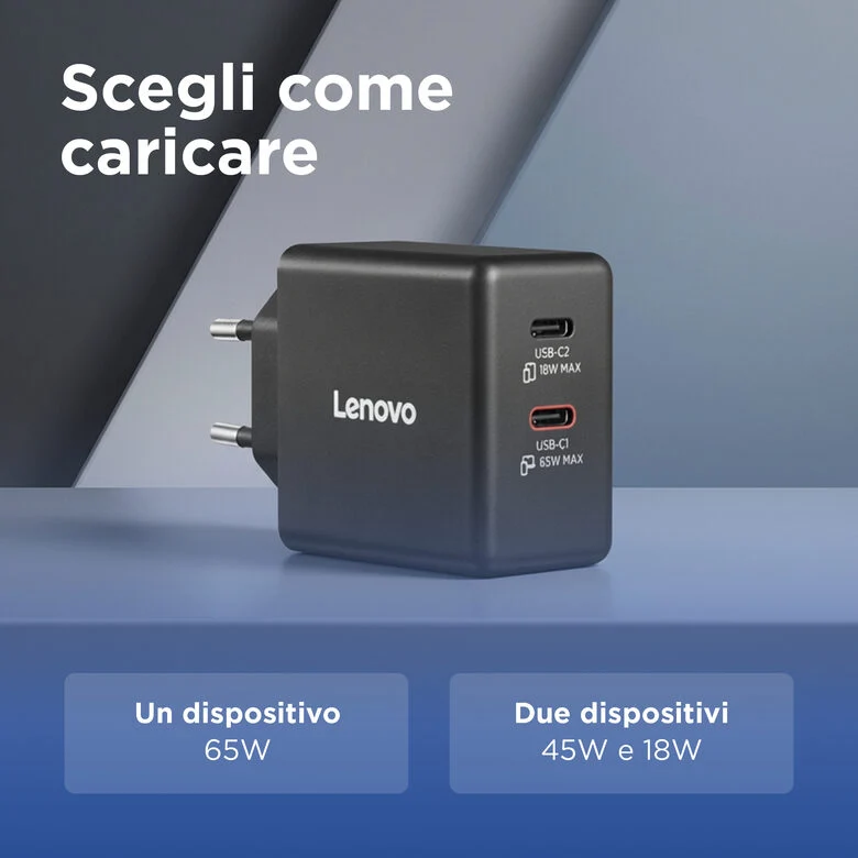 Lenovo Dual USB-C 65W GaN Charger, alimentatore compatto da muro con doppia Type-C, cavo USB-C 1,5 m incluso - ideale per laptop, cellulare e tablet: un solo caricabatterie per più dispositivi