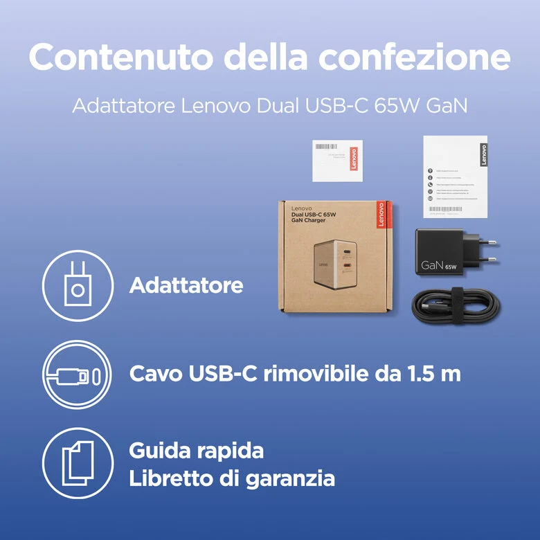 Lenovo Dual USB-C 65W GaN Charger, alimentatore compatto da muro con doppia Type-C, cavo USB-C 1,5 m incluso - ideale per laptop, cellulare e tablet: un solo caricabatterie per più dispositivi