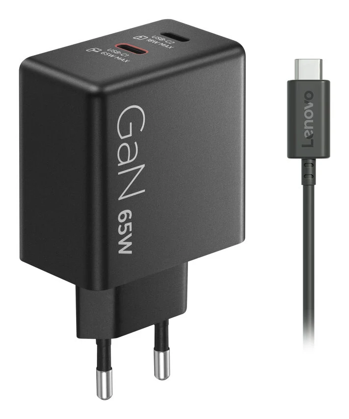 Lenovo Dual USB-C 65W GaN Charger, alimentatore compatto da muro con doppia Type-C, cavo USB-C 1,5 m incluso - ideale per laptop, cellulare e tablet: un solo caricabatterie per più dispositivi
