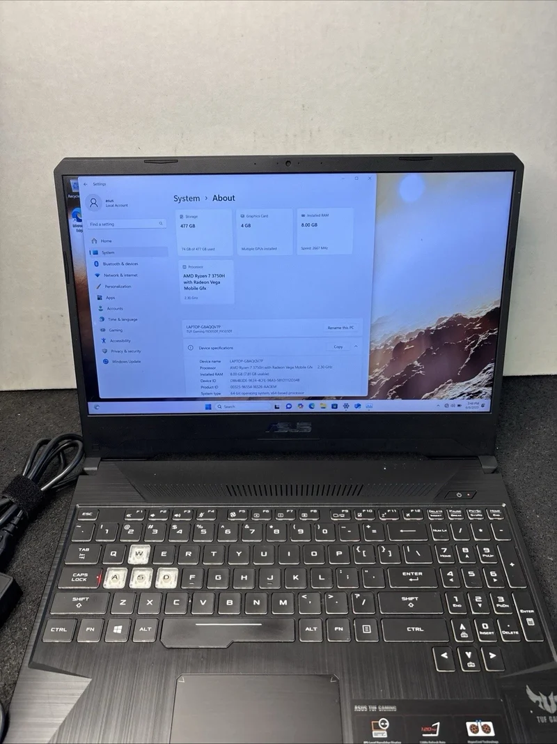 ASUS TUF Gaming Laptop AMD RYZEN 7-3750H @ 4.00 GHz, GeForce GTX 1650 (8GB DDR4, 512GB SSD) 15.6” Full HD IPS-Type, 120Hz, Gigabit Wi-Fi 5, Windows 11, RGB KEYBOARD, FX505DT