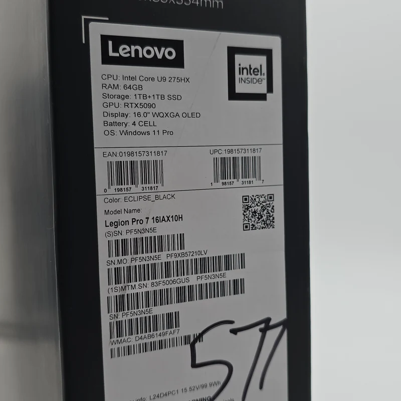 Lenovo Legion Pro 7, NVIDIA RTX 5090, Intel Ultra 9 275HX, 64GB DDR5, 2TB NVMe, 16" OLED QHD+ 240Hz, Lenovo 16IAX10H