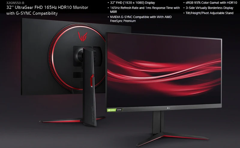 LG 32GN50T-B 32" 165 Hz Class Ultragear FHD Gaming Monitor with G-SYNC Compatibility, AMD FreeSync, HDR10, HDMI DisplayPort