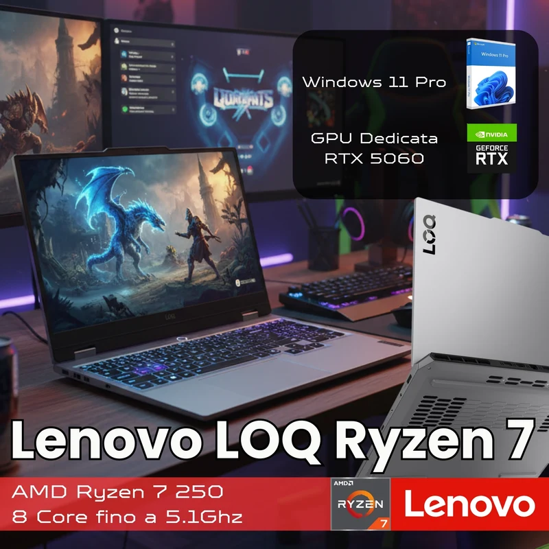Lenovo LOQ Laptop Gaming 15.6" FHD 144Hz 15AHP10 | AMD Ryzen 7-250 | Ram 16GB | SSD 1TB | Nvidia RTX 5060 Windows 11 Prodotto NUOVO