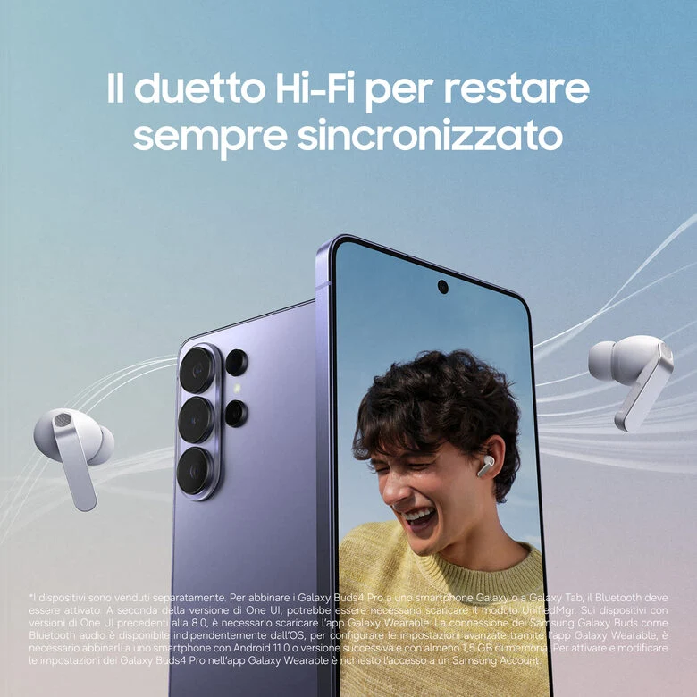 Samsung Galaxy Buds4 Pro, Black, Corpo in metallo, Altoparlante a 2 vie e doppio amplificatore, Chiamate cristalline, Audio a 360°, ANC migliorata, Controllo adattivo del rumore, Connessione