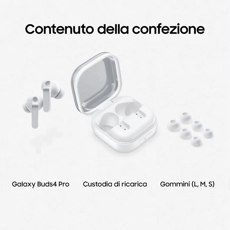 Samsung Galaxy Buds4 Pro, White, Corpo in metallo, Altoparlante a 2 vie e doppio amplificatore, Chiamate cristalline, Audio a 360°, ANC migliorata, Controllo adattivo del rumore, Connessione