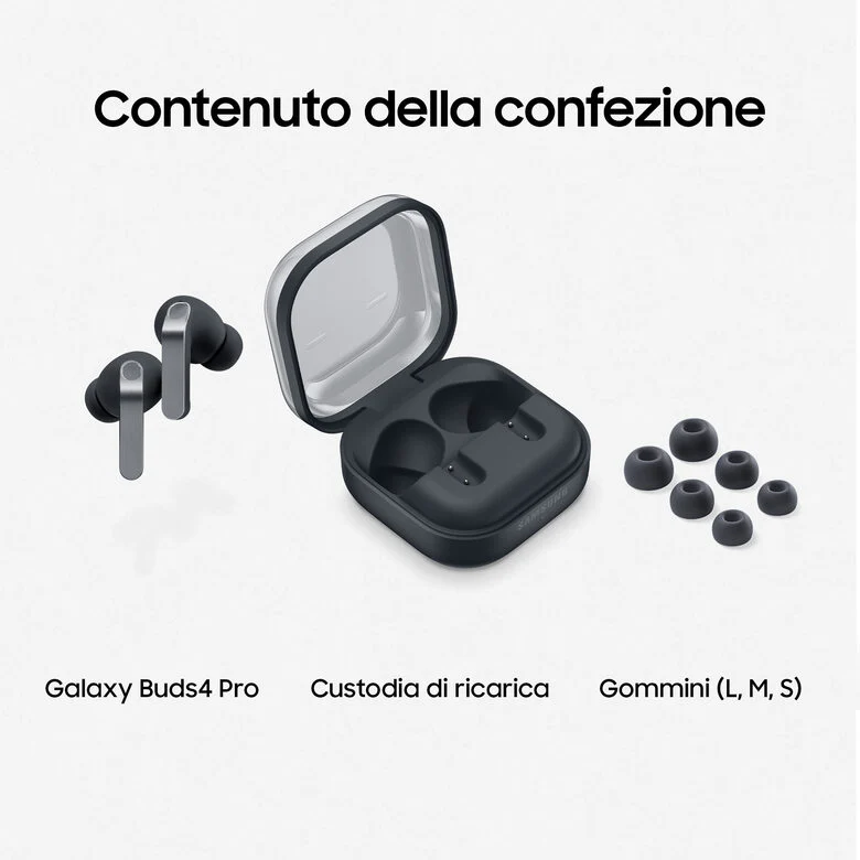 Samsung Galaxy Buds4 Pro, Black, Corpo in metallo, Altoparlante a 2 vie e doppio amplificatore, Chiamate cristalline, Audio a 360°, ANC migliorata, Controllo adattivo del rumore, Connessione