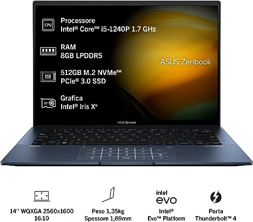 ASUS Zenbook 14 UX3402ZA Notebook Alluminio 14" 2,8K Glossy Intel Core 12ma Gen i5-1240P RAM 8GB 512GB SSD