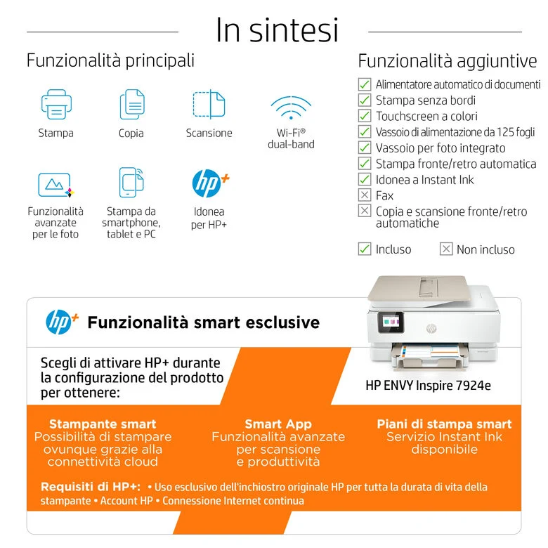 HP ENVY Stampante multifunzione HP Inspire 7924e, Casa, Stampa, copia, scansione, Wireless; HP+; Idonea per HP Instant ink; Alimentatore automatico di documenti