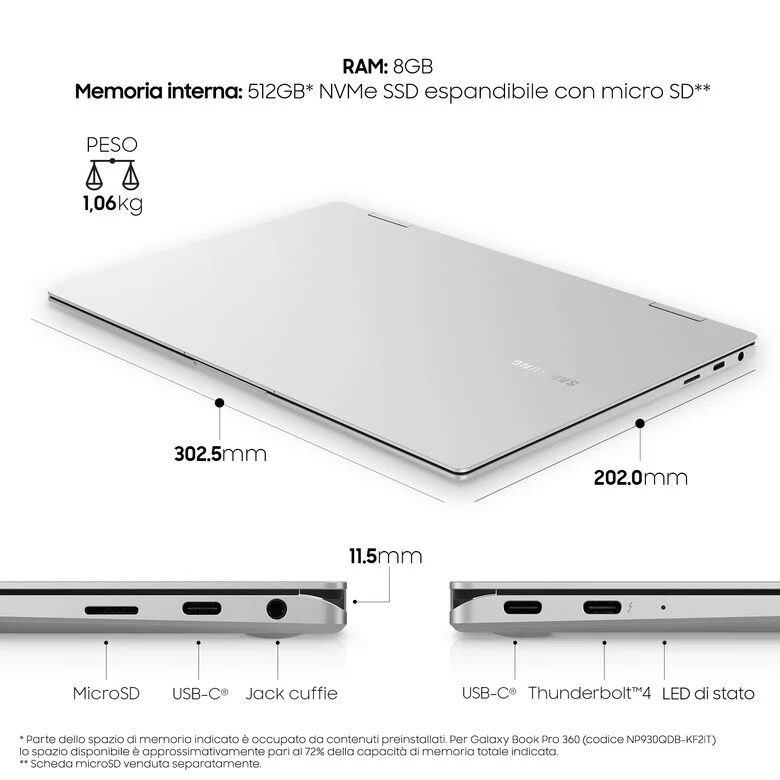 Samsung Galaxy Book Pro 360 , 13.3”, Windows 11 ready, portatile 2-in-1 con S Pen, Intel Core i5 (Intel Evo), 8 GB RAM, 512 GB SSD, Mystic Silver
