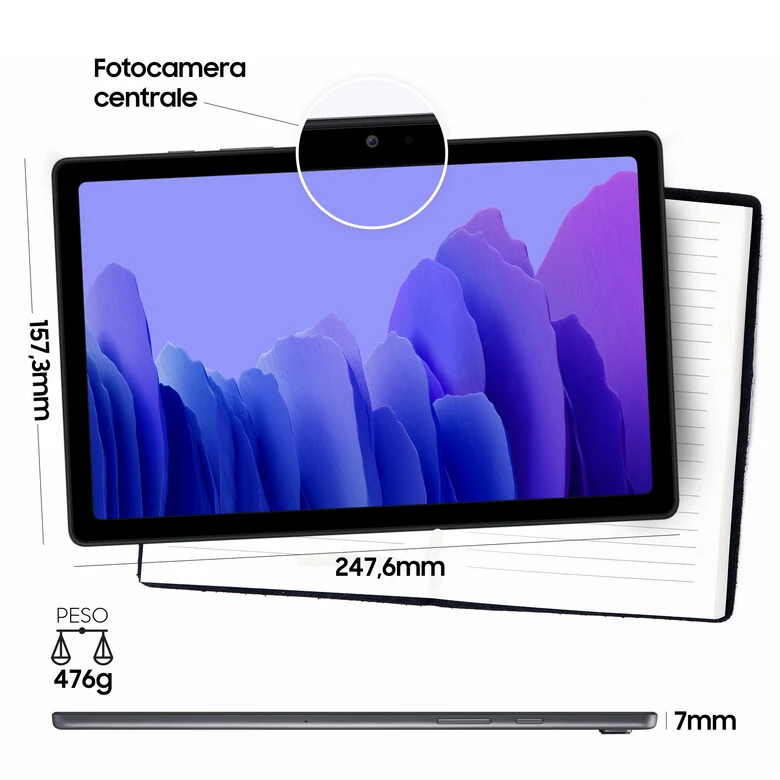 Samsung Galaxy Tab A7 Tablet, Display 10.4" TFT, 32GB Espandibili fino a 1TB, RAM 3GB, Batteria 7.040 mAh, LTE, Android 10, Fotocamera posteriore 8 MP, Dark Gray