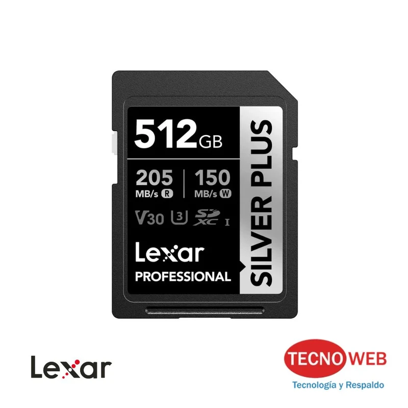 Tarjeta de Memoria SD XC 512 GB Lexar Silver Plus 205MB/s