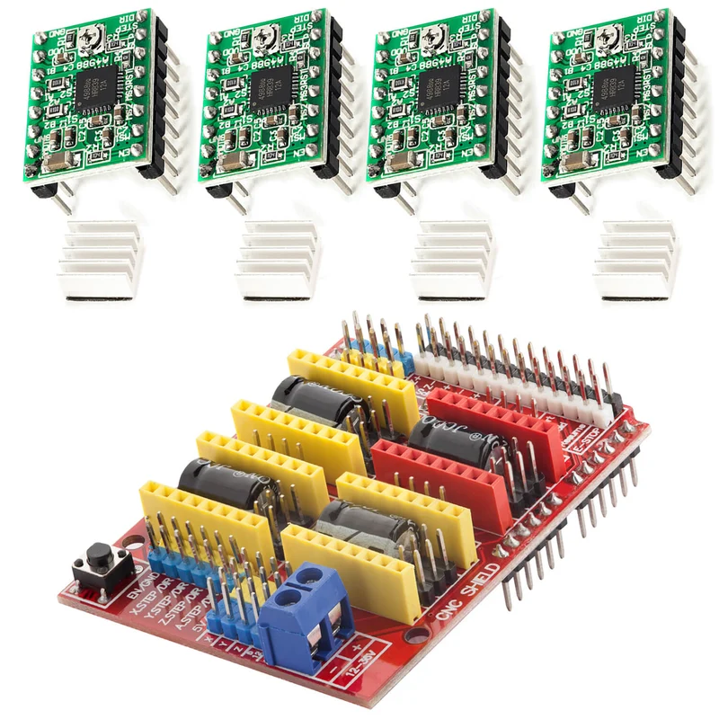 CNC Shield V3 Bundle mit 4 Stück A4988 Schrittmotor Treiber Stepper mit Kühlkörper für 3D Drucker kompatibel mit Arduino