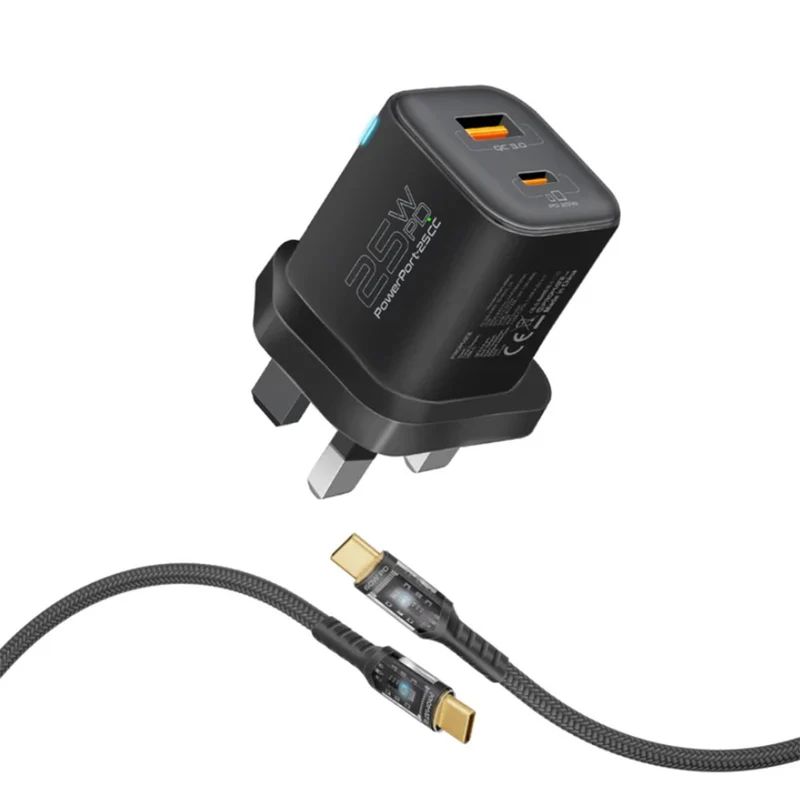 Promate PowerPort-25CC 25W Dual Port Adapter Combo with 60W Fast Charging USB-C Cable
