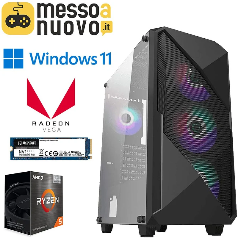 PC da Gaming | AMD Ryzen 5 5600G 4.4Ghz | Ram 16Gb | SSD m.2 nvme 500Gb | Radeon RX Vega 8 | Windows 11 Pro Il PC da gaming perfetto per il FullHD