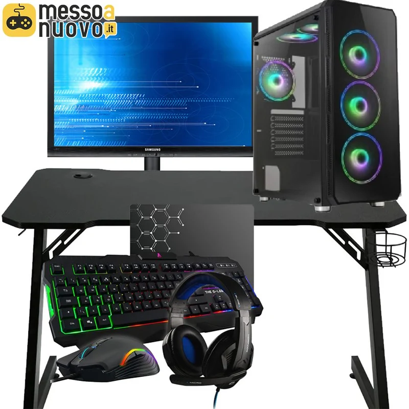 Postazione da Gaming PC | Intel Core i7 3.4Ghz| Ram 16Gb | SSD 256Gb + 1Tb | Nvidia GT730 4Gb | Windows 10 Pro + Kit Mouse Tastiera RGB e Cuffie con microfono + Monitor Samsung S27A650D LED 27″ Full HD + Scrivania da Gaming Il bundle più completo del Web
