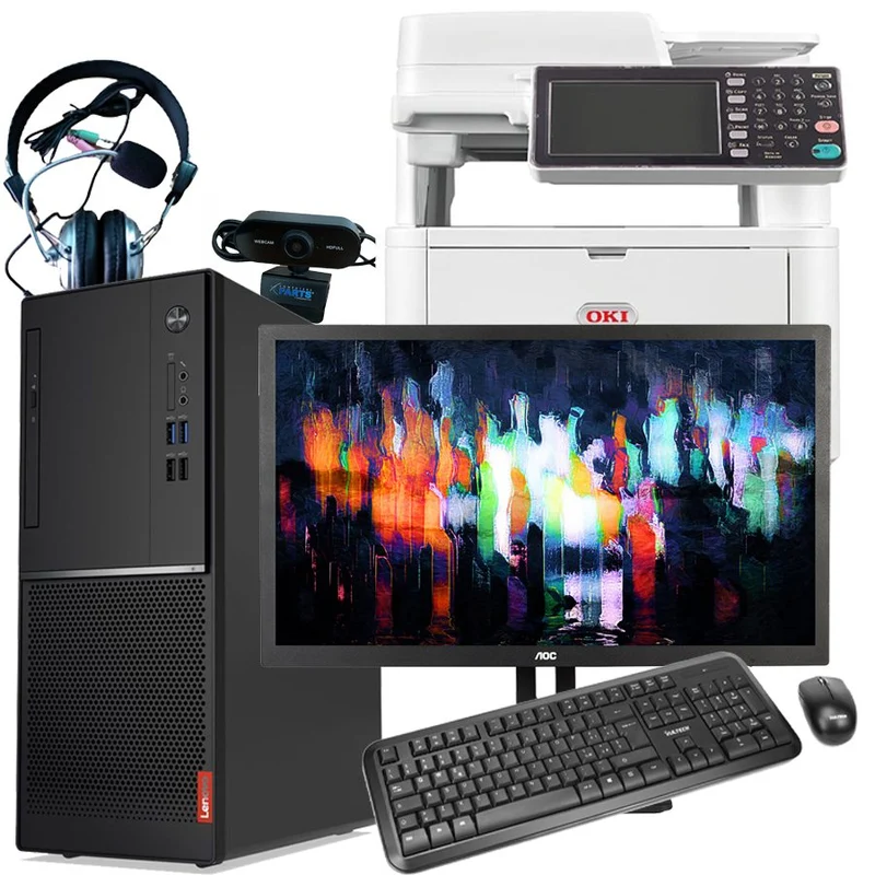Bundle Lenovo V520 Tower PC | Intel Core i5-6400T 2.2Ghz | Ram 16Gb | SSD 256Gb | Windows 10 Pro + Monitor AOC 24" IPS FullHD | Multifunzione B/N OKI MB492dn | Kit mouse e tastiere con filo, cuffie e webcam