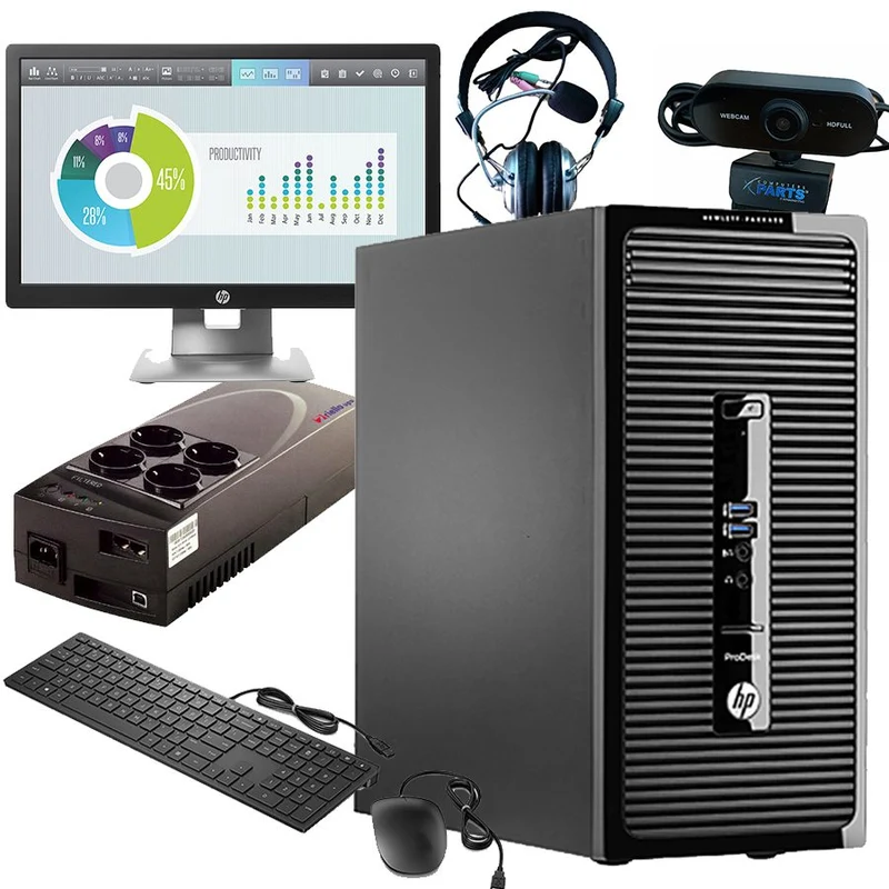 Postazione completa HP ProDesk 405 G2 MT | AMD A8-6410 2.4Ghz | 8Gb Ram | SSD 256Gb | Windows 10 Pro + Monitor 20" HD HP E202 + Kit Mouse e Tastiera + Web Cuffie con microfono + UPS Riello iPLUG IPG 800 IT