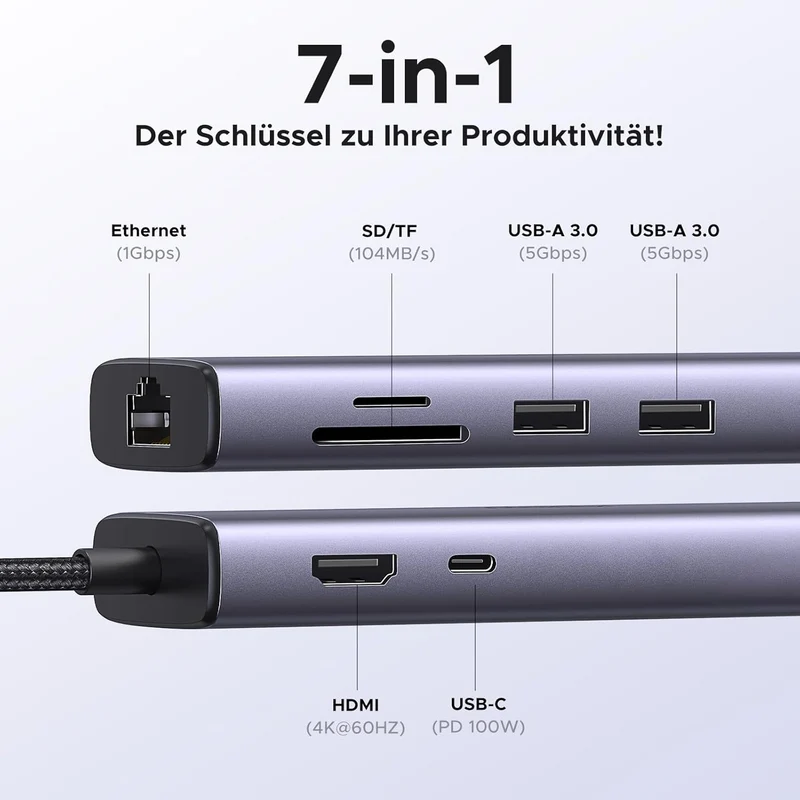 UGREEN Revodok USB-C Adpater/Hub 7-in-1 - USB C Adapter 4K 60Hz HDMI, Gigabit Ethernet, PD 100W, SD/TF, 2*USB A Ports, USB C Docking Station