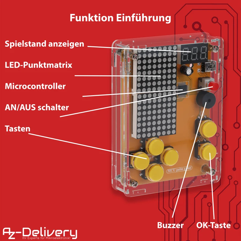 DIY Elektronik Bausatz - Spielekonsole mit transparenten Gehäuse, Retro Handheld Elektronik Kit für Anfänger & Fortgeschrittene, Lötset zum Löten Lernen & Basteln mit LED-Matrix und Punktanzeige