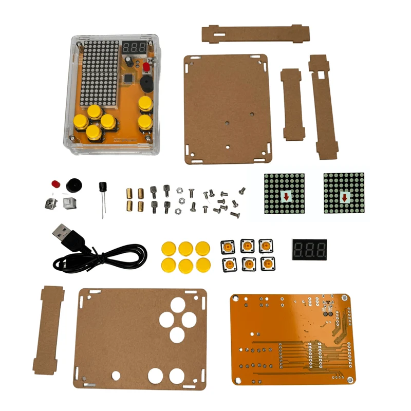 DIY Elektronik Bausatz - Spielekonsole mit transparenten Gehäuse, Retro Handheld Elektronik Kit für Anfänger & Fortgeschrittene, Lötset zum Löten Lernen & Basteln mit LED-Matrix und Punktanzeige