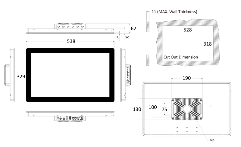 AIO-W221-ASL-2L 21.5" Full HD Capacitive IP65 All In One Touchscreen Computer w/ Intel® X7000 and N Series Processors, 2x LAN, 3x USB, 1x TYPE C, 2x COM 1x DP, 1x HDMI