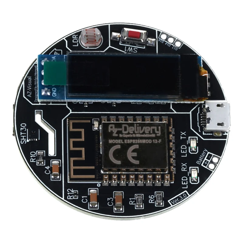 AZ-Visual – ESP8266-12F Entwicklungsboard mit Temperatur-, Luftfeuchtigkeits- und Umgebungslichtsensor (SHT30 und LDR) + OLED-Display 0.91“