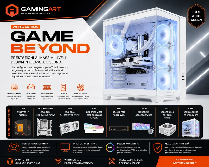WHITE Ryzen 7 7800X3D • Radeon RX 9060 XT 16GB • 32GB DDR5 • 1TB NVMe Powered by ASUS