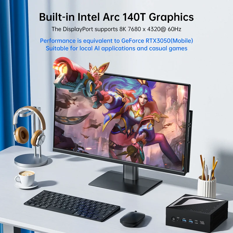 AI Mini PC with Ultra 9 285H (16 Cores, Upto 5.4GHz, Max 99TOPS), 1* HDMI, 1* DisplayPort, 1* USB4.0, 8K, 2.5G LAN, WiFi 6e, Windows 11 Pro