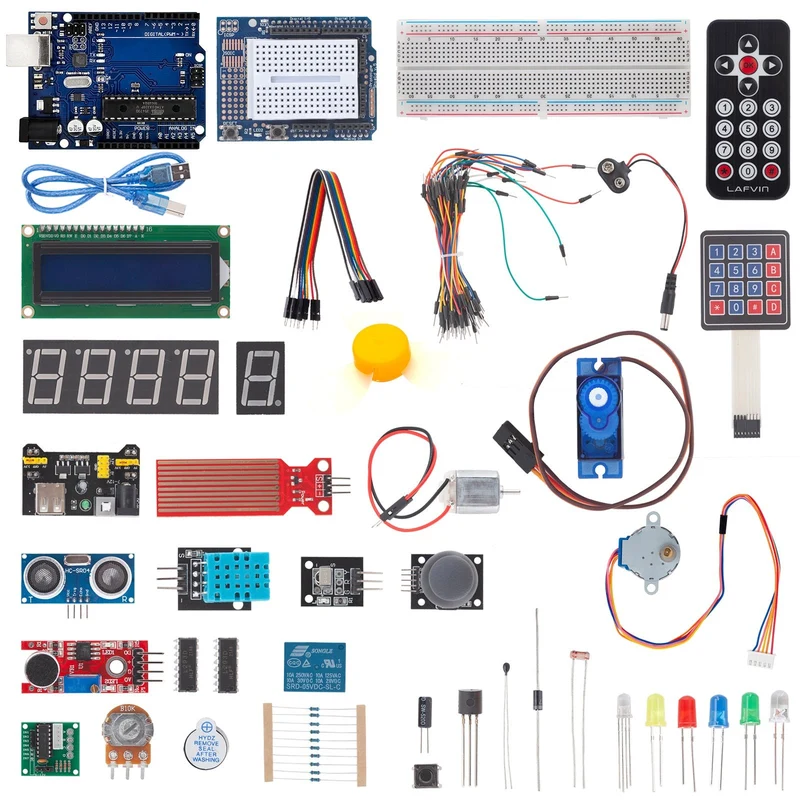 Elektronik Super Starter Kit Mikrocontroller Board, Stromversorgungsmodul, Servo-, Schritt- und Gleichstrommotoren Sensor Kit kompatibel mit Arduino
