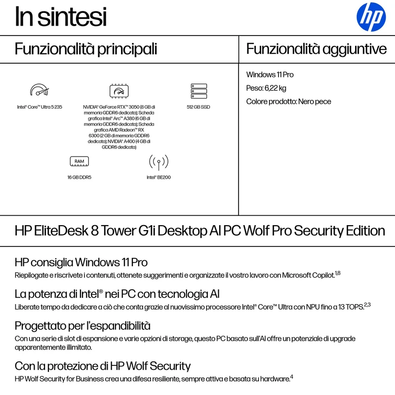 HP EliteDesk 8 Tower G1i AI Wolf Pro Security Edition Intel Core Ultra 5 235 16 GB DDR5-SDRAM 512 GB SSD Windows 11 Pro PC AI PC Nero