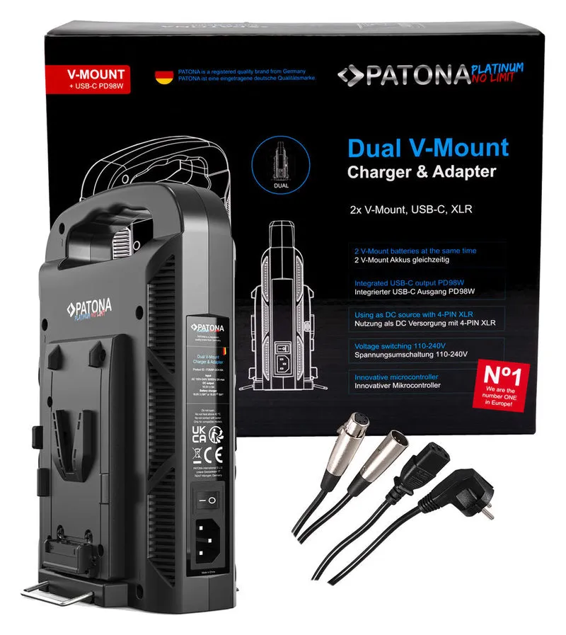 CARICABATTERIE PLATINUM A 2 CANALI PER V-MOUNT 6A*2 USB-C:PD100W OUT INCLUSO CAVO XLR A 4 PIN