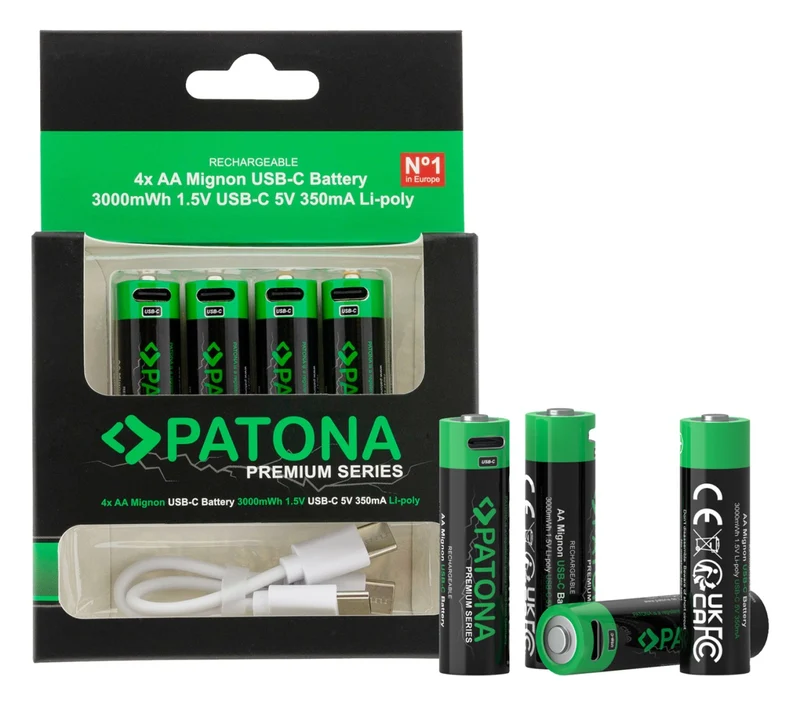 PREMIUM 4X AA BATTERIE RICARICABILI AL LITIO CON PORTA USB-C 2000MAH 1.5V CON CAVO INCLUSO