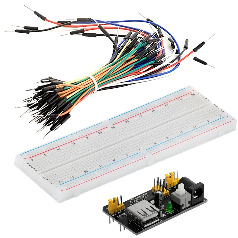 MB 102 Breadboard Kit - 830 Breadboard, Netzteil Adapter 3,3V 5V, 65Stk Steckbrücken