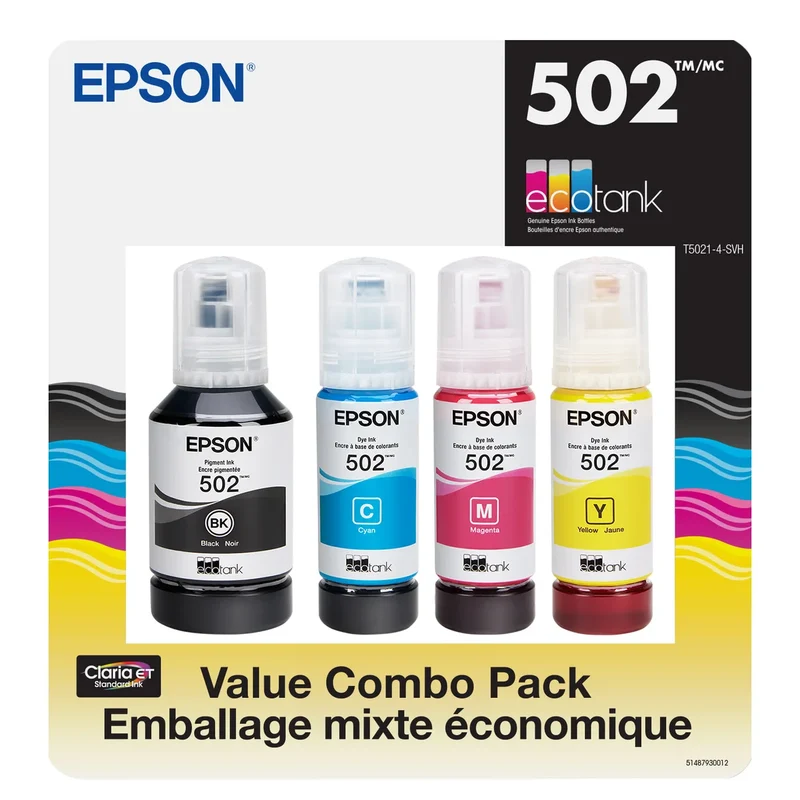 EPSON - Paquet de 4 Bouteilles d'Encre Noir et de Couleur T502