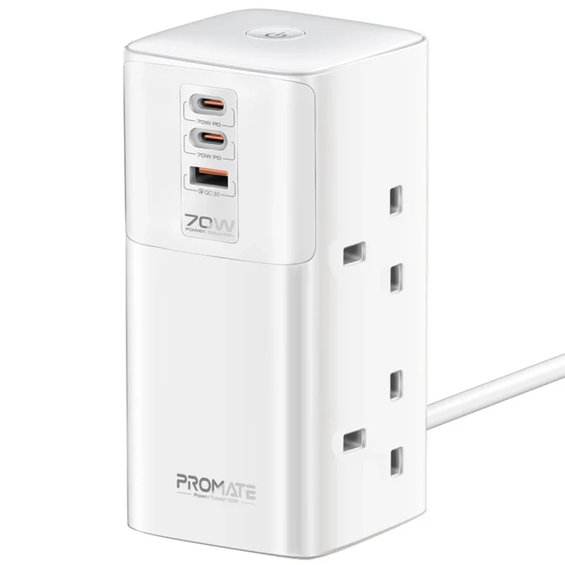 Promate PowerTower-70W Multi-Port Charging Station with Quad AC Sockets 2500W