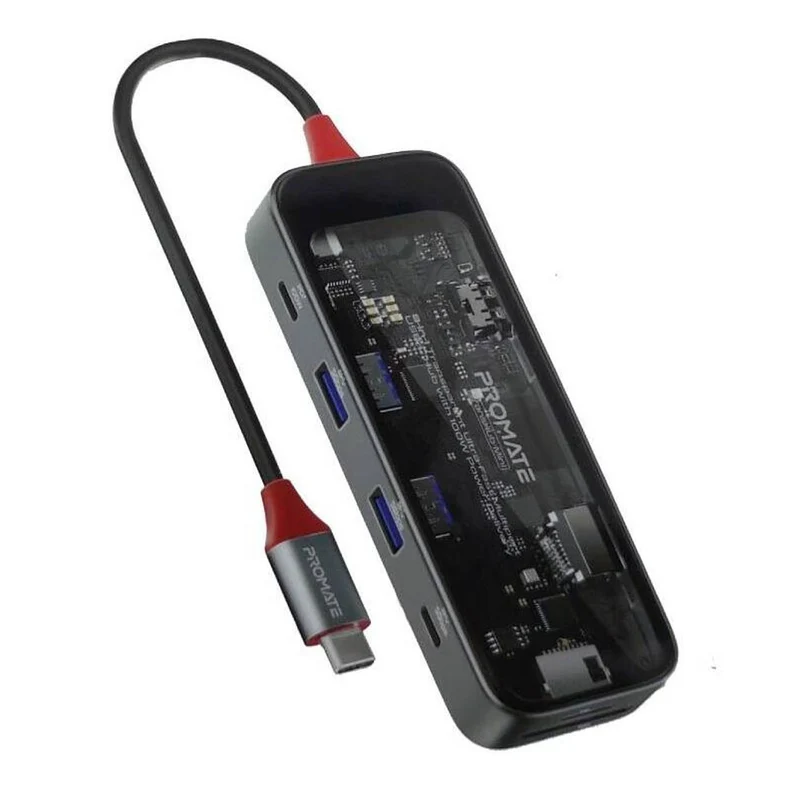 Promate TransHub-Mini 8-in 1 Transparent Ultra-Fast Multiport USB-C Hub with 100W Power Delivery