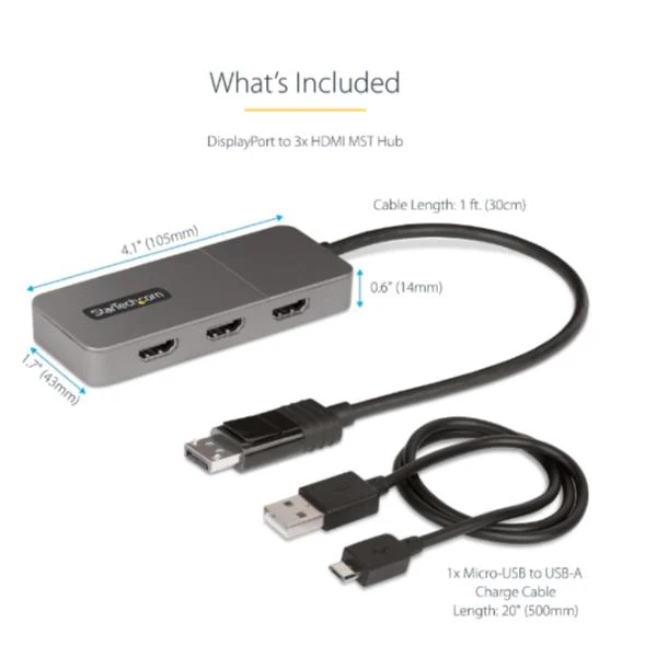 StarTech.com Adattatore DP HDMI a 3 Porte - Hub MST da DisplayPort a HDMI 4K 60Hz - Convertitore DP1.4 a Multi Monitor HDMI per Notebook - Splitter HDMI con Cavo Integrato da 30cm, Alimentato da USB - Solo Windows