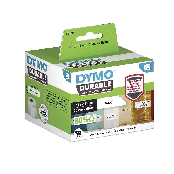 DYMO LabelWriter Etichette durevoli originali | 25mm x 89mm | Poliestere bianco | 2 rotoli da 350 (700 etichette autoadesive) | Alte prestazioni | Per stampanti di etichette LabelWriter