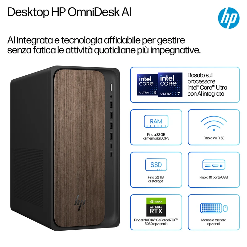 HP OmniDesk Desktop AI M03-0024nl PC Intel Core Ultra 5 225 16 GB DDR5-SDRAM 1 TB SSD NVIDIA GeForce RTX 5060 Windows 11 Home Tower AI PC