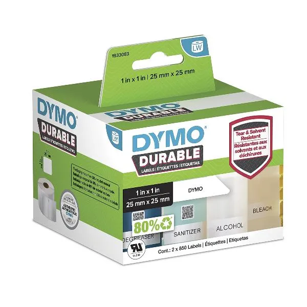 DYMO LabelWriter Etichette resistenti originali | 25mm x 25mm | Poliestere bianco | 2 rotoli da 850 (1.700 etichette autoadesive) | Alte prestazioni | Per stampanti di etichette LabelWriter