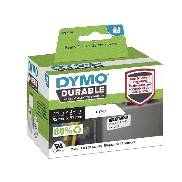 DYMO LabelWriter Etichette durevoli originali | 57mm x 32mm | Poliestere bianco | 800 etichette autoadesive | Alte prestazioni | Per stampanti di etichette LabelWriter