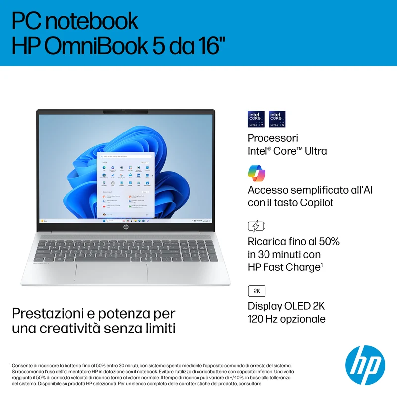 HP OmniBook 5 AI 16-af1006nlx Intel Core Ultra 7 255U Computer portatile 40,6 cm (16") 2K 32 GB LPDDR5x-SDRAM Wi-Fi 6 (802.11ax) Windows 11 Home AI PC Argento